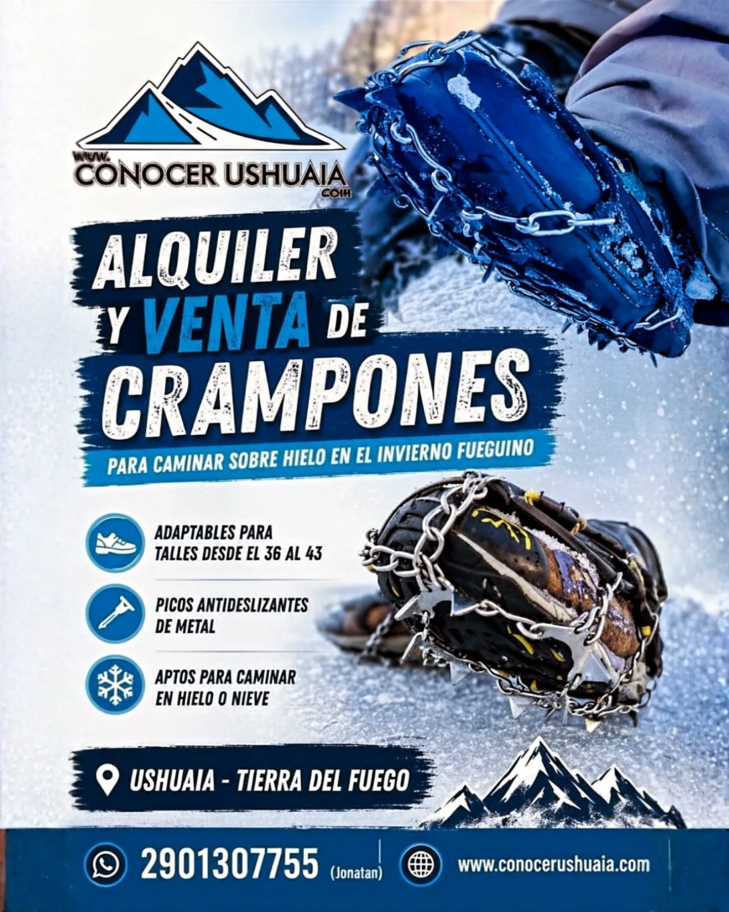 ❄️ Alquiler y venta de crampones ❄️

¡Caminá seguro sobre hielo y nieve este invierno fueguino! 🧊🥾

🥾 Aptos para caminar sobre hielo y nieve
✅ Talles del 36 al 43
🧊 Picos antideslizantes de metal

💲 Precio: $60.000
💸 15% OFF abonando en efectivo/transferencia

📍 Entregas a domicilio en Ushuaia sin cargo

📲 2901 30-7755

#ushuaia #TierraDelFuego #InviernoFueguino #nieve #hielo